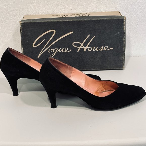 Vintage 50s VOGUE HOUSE Heels Pumps Shoe Black Textured Fabric with Box Sz 8.5 N - Picture 1 of 13
